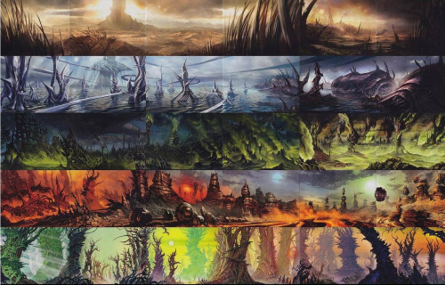 Magic: the Gathering - Panoramic Views stitched together by Raklor
Basic Land arts side-by-each from Scars of Mirrodin