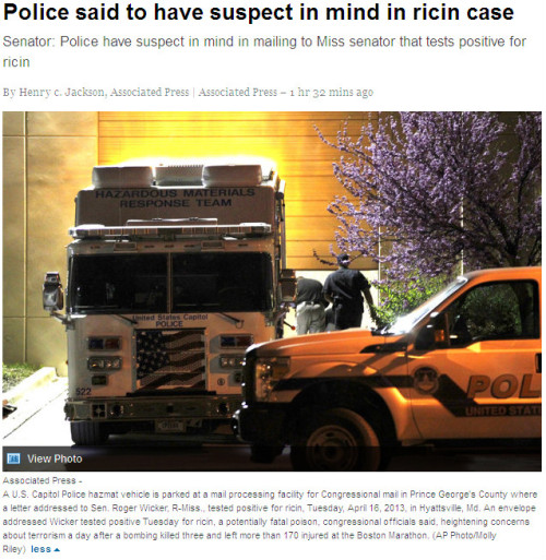 AP - 'Police said to have suspect in mind in ricin case'