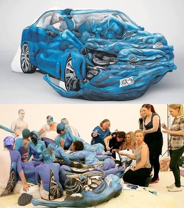 How amazing is this photo. The car is made up of body painted people. Great concept!