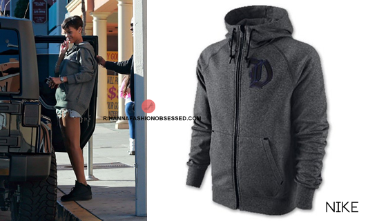 Rihanna was spotted at a nail salon in Los Angeles wearing a pair of Nike  Air Force 1 High DCN military boot   along with grommet shorts from Levi&#8217;s.
Rihanna&#8217;s Nike  Spring 2012 NCAA collection UConn AW77 hoodie that she was wearing contains the letter &#8216;C&#8217;, but on the website provided, they only have the letter &#8216;D&#8217; available instead.