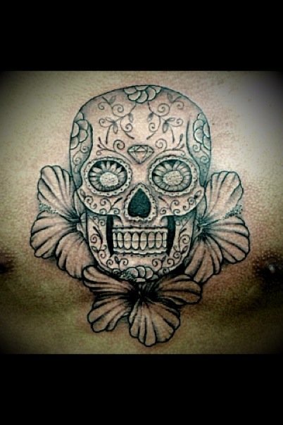Sugar Skull w Hibiscus Flowers by Tattoo Chad HI LV