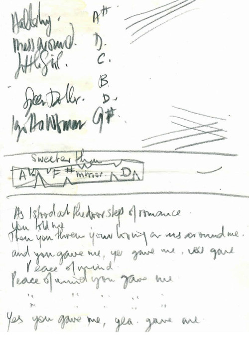 A sheet of lyrics for unreleased Beatles song written by Stuart Sutcliffe and John Lennon, early 1960’sWritten in pencil on white paper, seven lines in which Stuart writes:As I stood on the doorstep of romanceYou told meThen you threw your loving arms around meand you gave me, yes gave me, you gavePeace of Mind…Above the lyrics Stuart has written a set list of five songs and chords.