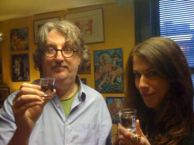 Andy & Frangry pose with Jad Fair shot glasses from the 2010 WFMU Marathon 