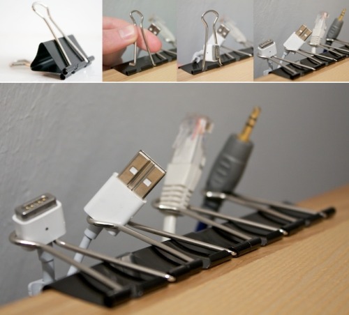 Life Hack of the Day: Quick + dirty cable organizer out of common household binder clips. Brilliant. [boingboing.]