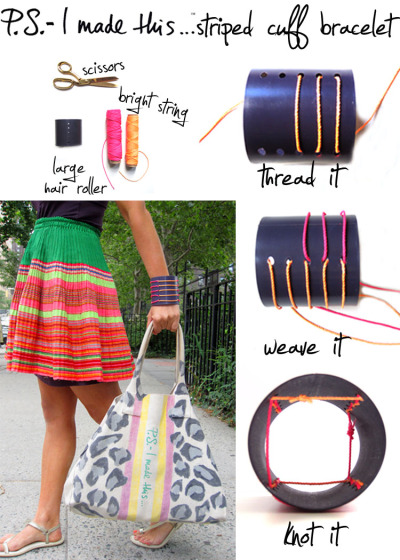 Summer is upon us, which means we&#8217;re all showing a tad more skin and a lot more accessories.  What better way to be bold than baring a sleek cuff bracelet? Diane von Furstenberg&#8217;s Sahara bracelets have been keeping me up at night, as I dream about the chunky woven, stacked beauties.  Paired with bold colored dresses and eye-catching skirts, a cuff bracelet is the icing on the cake!
For your version of a vivid cuff bracelet, pick up jumbo hair rollers. Chances are your local beauty supply store will carry.  Use long pieces of colorful embroidery string or thin rope for your striped accent.  Weave in and out the roller holes, and double knot off at the end.  P.S.- if you use a a nylon material, be sure to burn the ends of the knot so they don&#8217;t fray.  Show your stuff&#8230; sport a chic cuff!