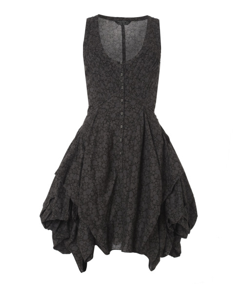 macabremode:  ghoulnextdoor:  All Saints Konaki Dress“Signature AllSaints hitched dress, constructed using intricate pattern  cutting techniques and draping to give the style its unique shape. The  Konaki dress is made of soft laundered cotton and features a specially  developed overdyed vintage ditzy floral print. This style is sleeveless  with a round neck, button through front and an asymmetric hem.” Another one for the “moon dress” collection…(and it is on sale!)