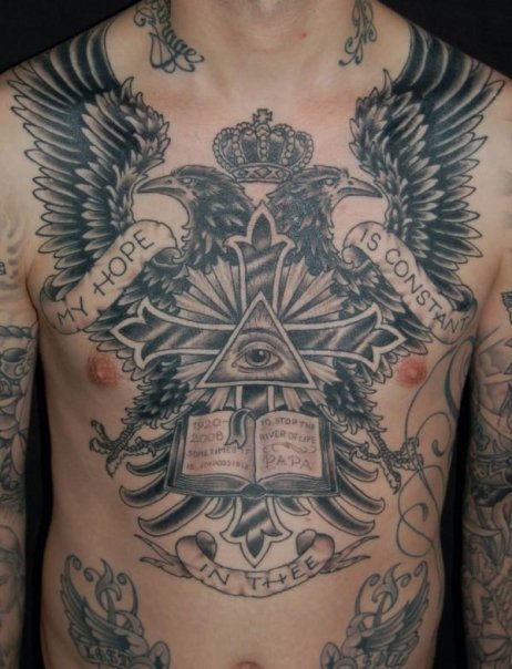 Posted 1 year ago Filed under black and grey chest tattoo traditional