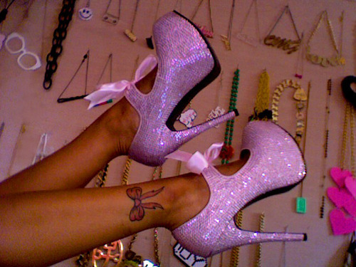 sparkly hot pink heels. Tagged: heels, bow tattoo,