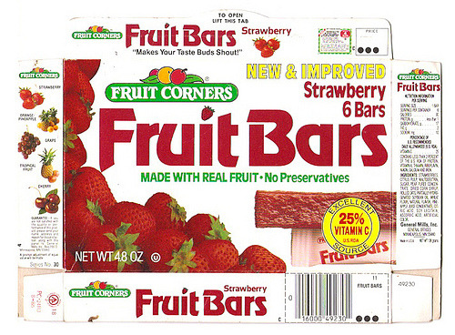 Fruit Corners Fruit Bars
Remember FRUIT SWIRL BARS?! Me neither.  
Photo courtesy of Gregg Koenig 