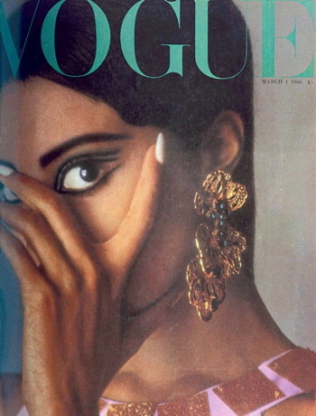 onlylivinggirlinny:</p>
<p>Vogue’s 1966 cover featuring Donyale Luna.<br />
Vogue previously never featured an ethnic model on their cover and “not to offend the magazine’s regular readership” was directed to cover her face partially. <br />
Ah. Vogue. :-/<br />
