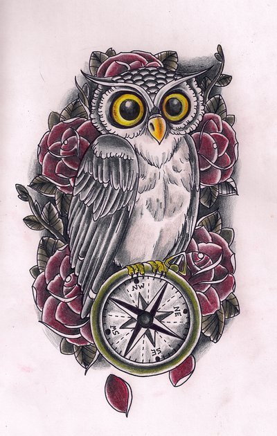 Owl rose compass tattoo design