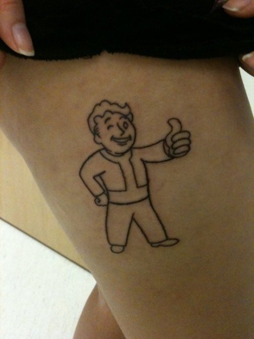 Done at Body Electric in L.A. by Frank Ball. It's the Vault Boy from Fallout 