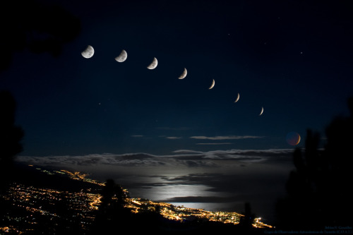 APOD: Eclipse at Moonset
Image Credit & Copyright: Itahisa N. González (Grupo de Observadores Astronómicos de Tenerife)
Explanation: Hugging the horizon, a dark red Moon greeted early morning skygazers in eastern Atlantic regions on December 21, as the total phase of 2010’s Solstice Lunar Eclipse began near moonset. This well composed image of the geocentric celestial event is a composite of multiple exposures following the progression of the eclipse from Tenerife, Canary Islands. Initially reflecting brightly on a sea of clouds and the ocean’s surface itself, the Moon sinks deeper into eclipse as it moves from left to right across the sky. Opposite the Sun, the Moon was immersed in the darkest part of Earth’s shadow as it approached the western horizon, just before sunrise came to Tenerife.