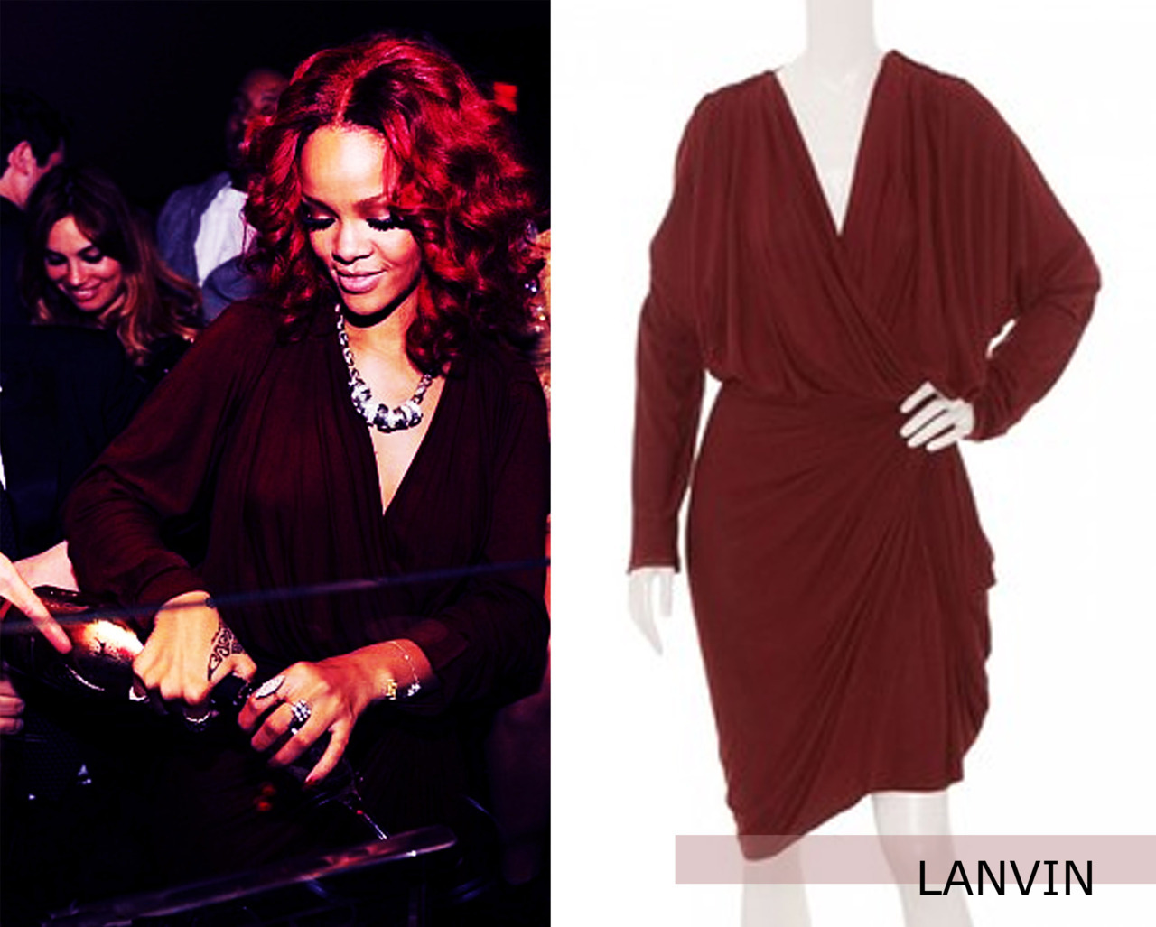 During NYE Rihanna was seen in a Lanvin Brown draped dress. Much better than the other dress she wore.
