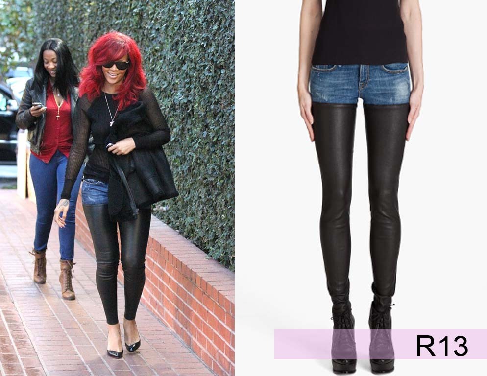 UPDATE: Rihanna was spotted at Fred Segal wearing leather denim jeans by R13 for $620.00 which can be found at SSHOP