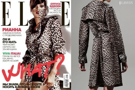 Also by the same designer and same collection, Rihanna seen in a leopard print trenchcoat for ELLE magazine.