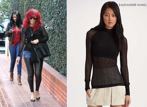 Rihanna spotted in Alexander Wang&#8217;s long sleeved knitted top for $475.00 which can be purchased at Saksfithavenue