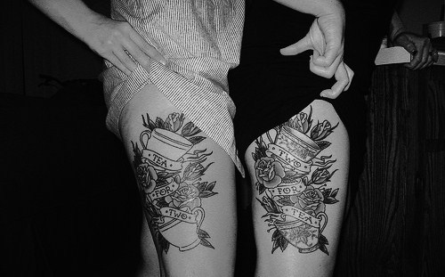  tea tea tea cup cute thigh flowers rose leaves matching tattoo