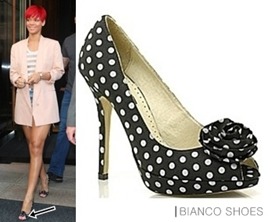 While out and about in New York last year Rihanna was seen in a stella McCartney blazer and a pair of Bianco polka dot heels.