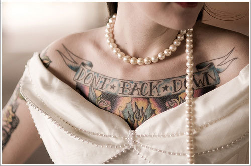  don't back down chest piece pearls wedding beautiful quote tattoo