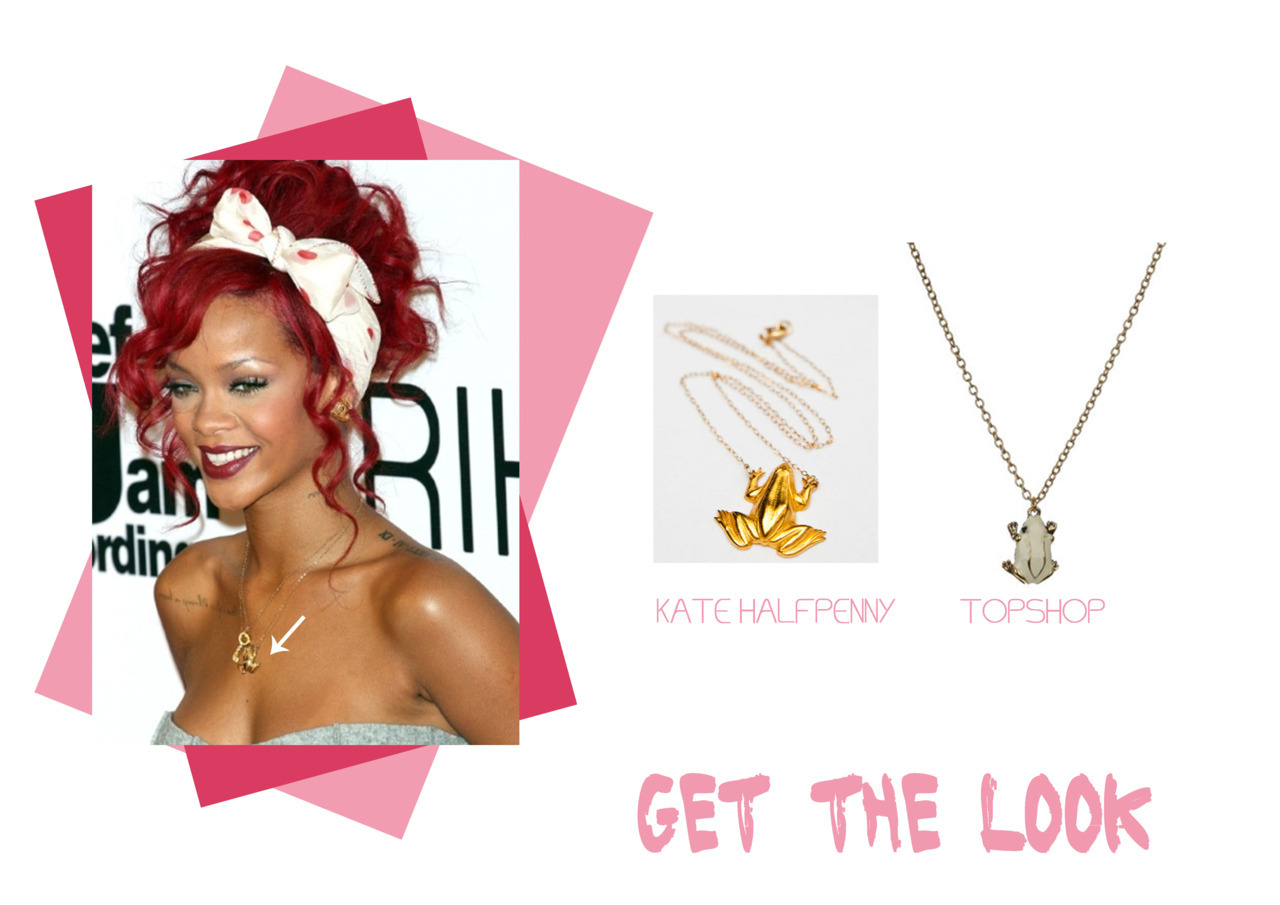 GET THE LOOK: last November Rihanna attended Westfield&#8217;s Christmas lighting in London in a grey Zambesi bustier and a red Kos skirt. Accessorised with a polka dot scarf, Chanel earrings, a key necklace and also a Frog necklace by Kate halfpenny. You can get a similar necklace seen here for $18.00 at Topshop comes in Green and White.

Edit: click HERE to view item