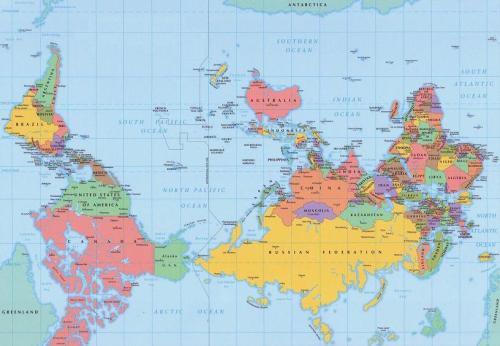 world map asia on left. On the left is the Americas,