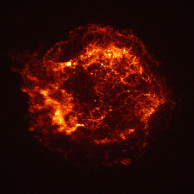 scipsy:

Cas A is the remnant of a star that exploded about 300 years ago. The X-ray image shows an expanding shell of hot gas produced by the explosion. This gaseous shell is about 10 light years in diameter, and has a temperature of about 50 million degrees. (via Cassiopeia A: 26 Aug 9)
