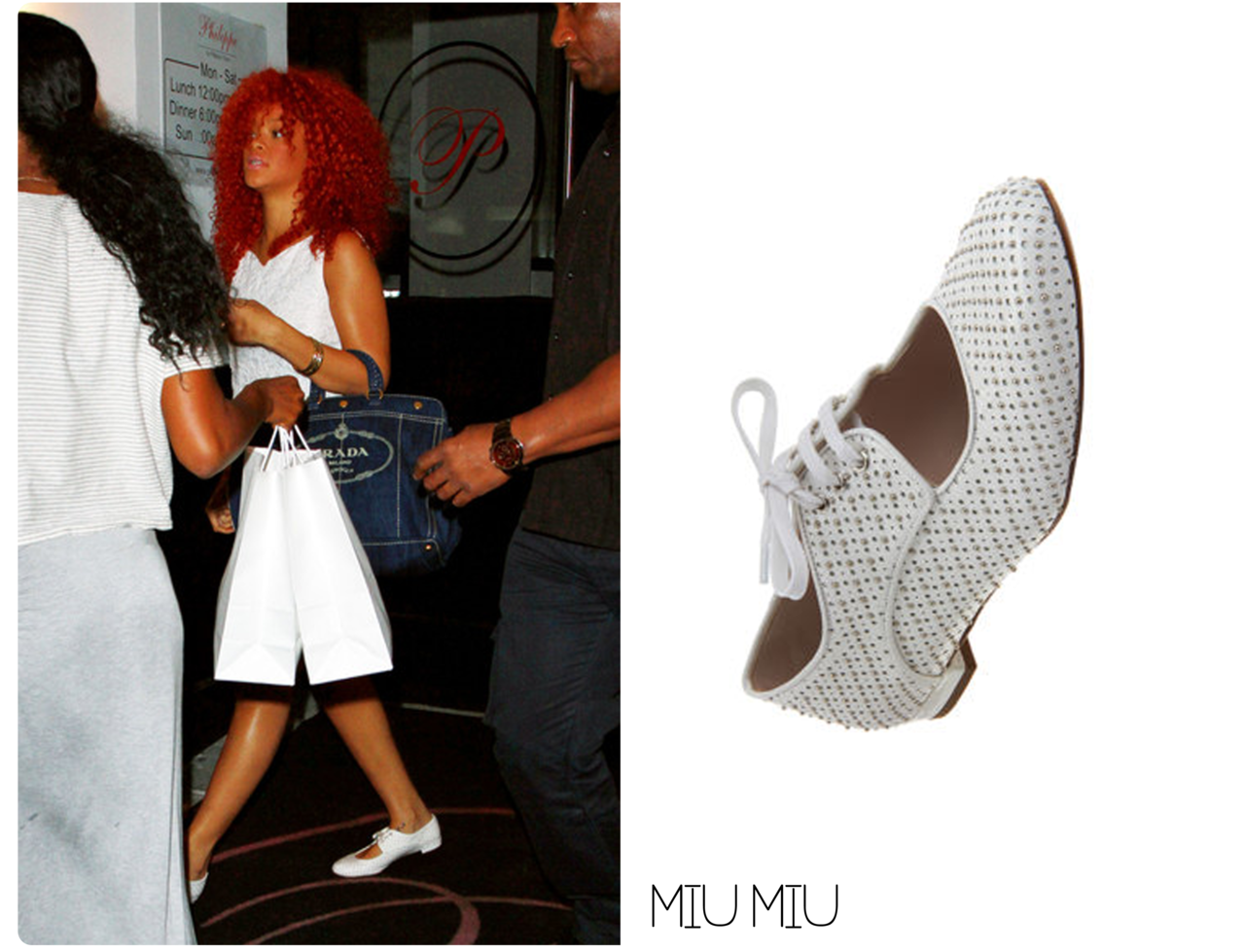 Back in March Rihanna was spotted outside Philippe Chow restaurant. In all white including her shoes by designer Miu Miu which can be purchased at Barney&#8217;s for $650.00 click HERE for link