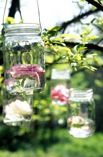 Tagged wedding centerpiece mason jars water flowers