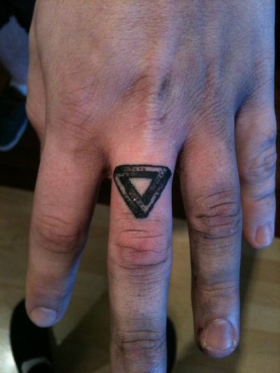 Penrose triangle on my finger Tattooist Brad Hampstead 