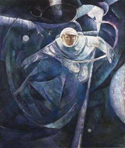 A painting by Alexei Leonov of his own spacewalk, the first time anyone squeezed outside a spaceship in orbit. His 12-minute-9-second spacewalk skirted on the edge of disaster, and must have been terrifying even for Leonov with all his training.
Once Leonov entered the vacuum of space, his spacesuit become inflated and maneuverability suffered. The real trouble began as he tried re-entering the Voskhod 2 craft; he became stuck in the the hatch due to the inflated suit. He was forced to partially depressurize his suit in order to fit through the hatch, putting himself at great risk of suffering decompression sickness. [more]