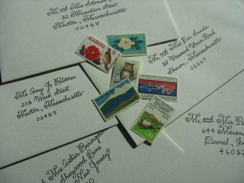Handlettered wedding invitation envelopes and vintage stamps just 
