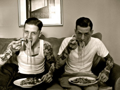  guys man men rockabilly singlet food eating tattoos sleeves sleeve
