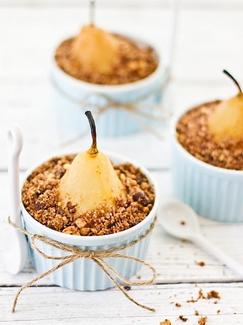 boyfriendreplacement:

Poached pear crumble with chocolate, coffee and hazel nuts- a sensational dessert!
Recipe
