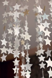 falling-in-love-tomorrow:
Select the kind of paper you like (maybe you could use aluminium foil for extra shimmery stars that reflect the light, just glue it on cardstock before) 
use a star punch or cut the stars yourself
put them on a sting (by sewing them or whichever method works for you)
