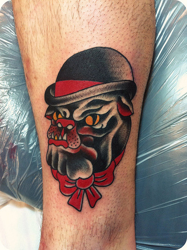 bulldog on leg just under an hour in and out l love small simple tattoos 