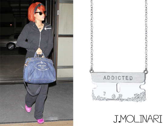 (May 26th) Rihanna seen arriving at LAX airport. With a denim Prada bag and a razer blade necklace (Je T&#8217;aime) with crystal details by designer J Molinari
