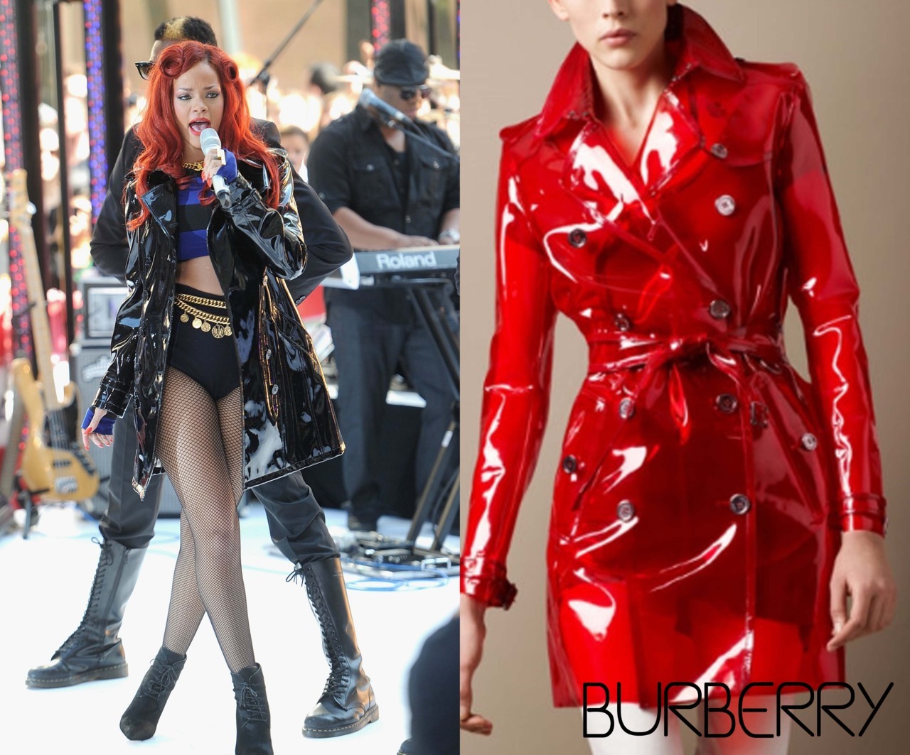 Rihanna also in a Burberry pvc trenchcoat and in a pair of Manolo Blahnik lace suede boots.