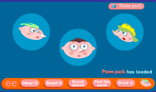 kbkonnected:  BBC’s Poem Pack: 10 delightful poems featuring diagraphs. The poems are presented using words, pictures, and sounds. There are several interactive activities that go along with each poem. Each poem can also be printed. Added to  Phonics and more and Kool Kids Write Poetry 