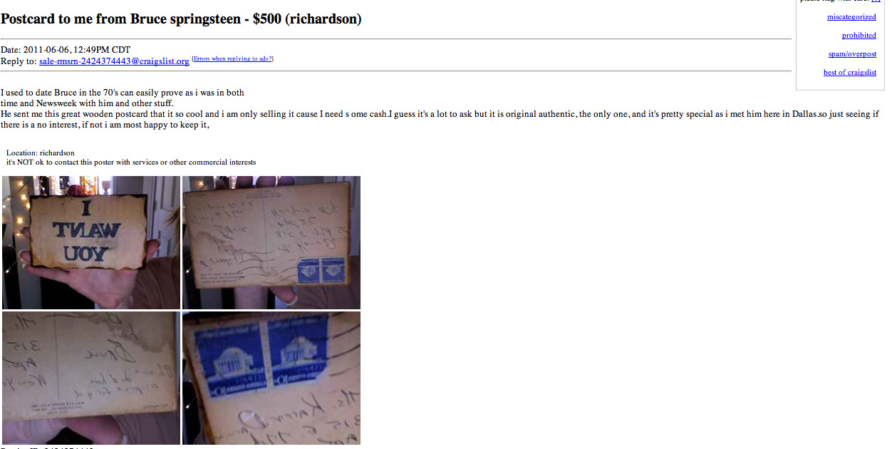 Romancing Bruce., Craigslist Dallas: Postcard to me from ...