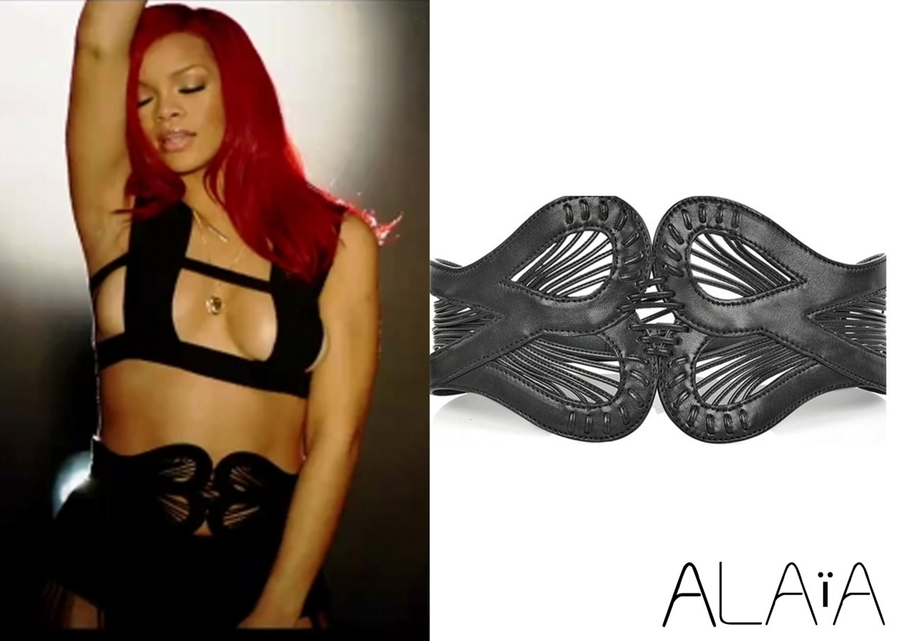 Rihanna in a barely there outfit featured in Kanye West music video &#8216;All of the lights&#8217; in a matching colour belt by designer Alaia.