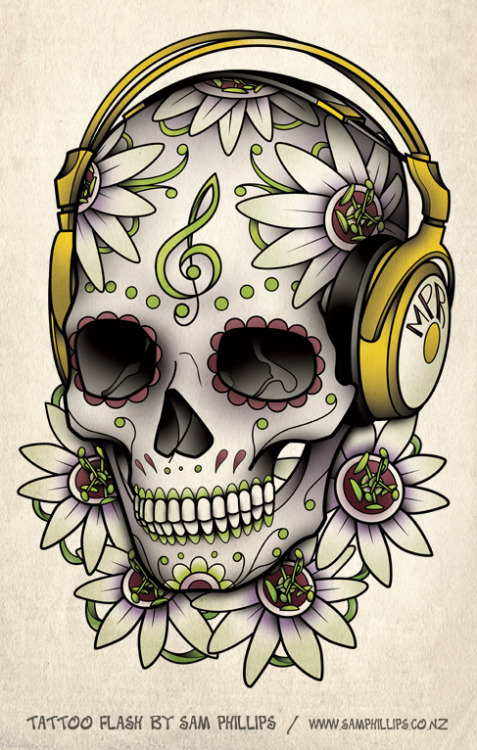 I created this sugar skull wearing head phones tattoo design for Martyn 