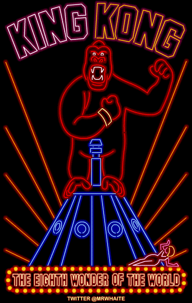 A neon poster for King Kong (1933), complete with Art Deco and a large phallic symbol.
I’ve also added to the neon with some flashing bulbs for this design - After all, he is ‘The Eighth Wonder Of The World’.