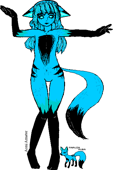 Aomi + Turquoise Charms + Magical Mishap = The Above.Now, there is no fur on this body, its a liquid and solid like.This was an old concept I had back in 2003-05 of some kind of gemstone/stone/jewel demon.————-Aomi is part Kitsune (fox/fox demon) and forgot she had stored some magic in her tail. The spell went wrong and she fused with her Turquoise equipment. youkai-hime (aka Shaz) bailed her out and she learned these new forms, the turquoise fox and her mutated stoney-like self.————The Shadow Demon (the black parts) within is/are constantly trying to leak out of the hardening body through cracks as they shove on through- the skin which at times becomes strong as a diamond.