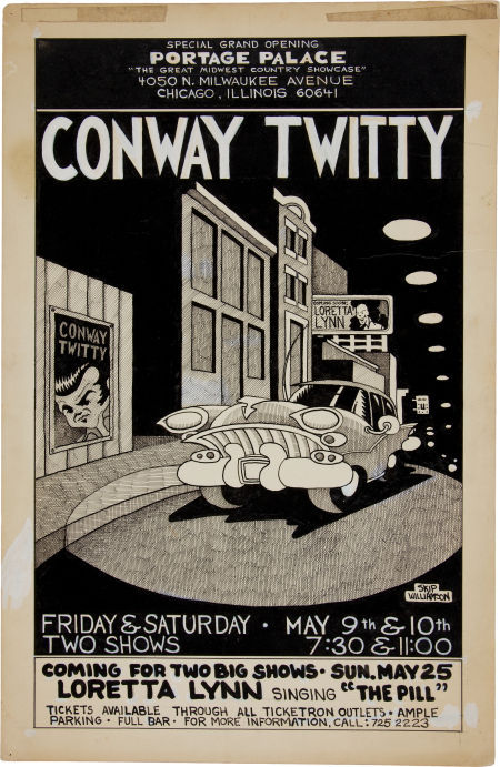 Conway Twitty Concert Poster Original Art (1975). Original concert poster art for Twitty’s 1975 performance in Milwaukee, by Underground cartoonist Skip Williamson.