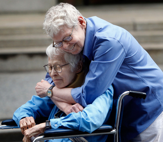 pantslessprogressive:

Phyllis Siegel and Connie Kopelov celebrate after being the first New York City same-sex couple to marry at Manhattan’s City Clerk’s Office on Sunday, July 24, 2011. [Photo: Jason DeCrow/AP]

