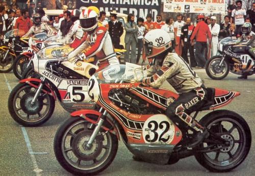 Steve Baker on his Yamaha TZ750 at Imola 1976 Johnny Cecotto is No5