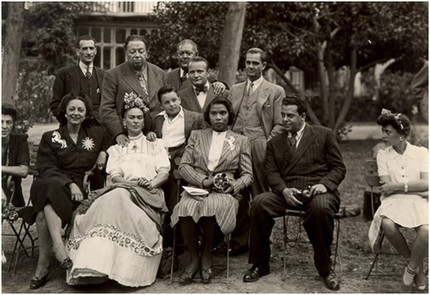 Marian Anderson and Frida Kahlo with Diego Rivera, Miguel Covarrubias, Rosa Covarrubias, Ernesto de Quesada and others in Mexico, 1943.