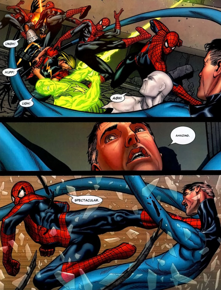 Spider-man vs Bishop, Wonderman, Radiation Man, some guy in white, and Mr. Fantastic.