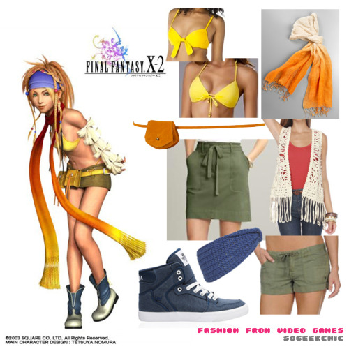 By request, Thief Rikku, FFX-2
Headband, TopShop, $20
Scarf, Calvin Klein, $24.99
Shoes, Vans, $94.95
Belt, TopShop, $28
Vest, Lulu&#8217;s, $37
Choice of bottom:
Skirt, Banana Republic, $59.50
Shorts, Volcom, $42
Choice of top:
String bikini, Everything but Water, $51
Tie bikini, Target, $17.99
(all pictures property of the websites from which they came)